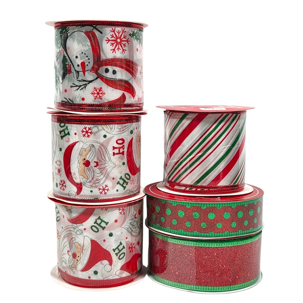 Christmas Ribbon Lot 6 Spools Wired Edge 32 Yds Red Green Santa Snowman Glitter